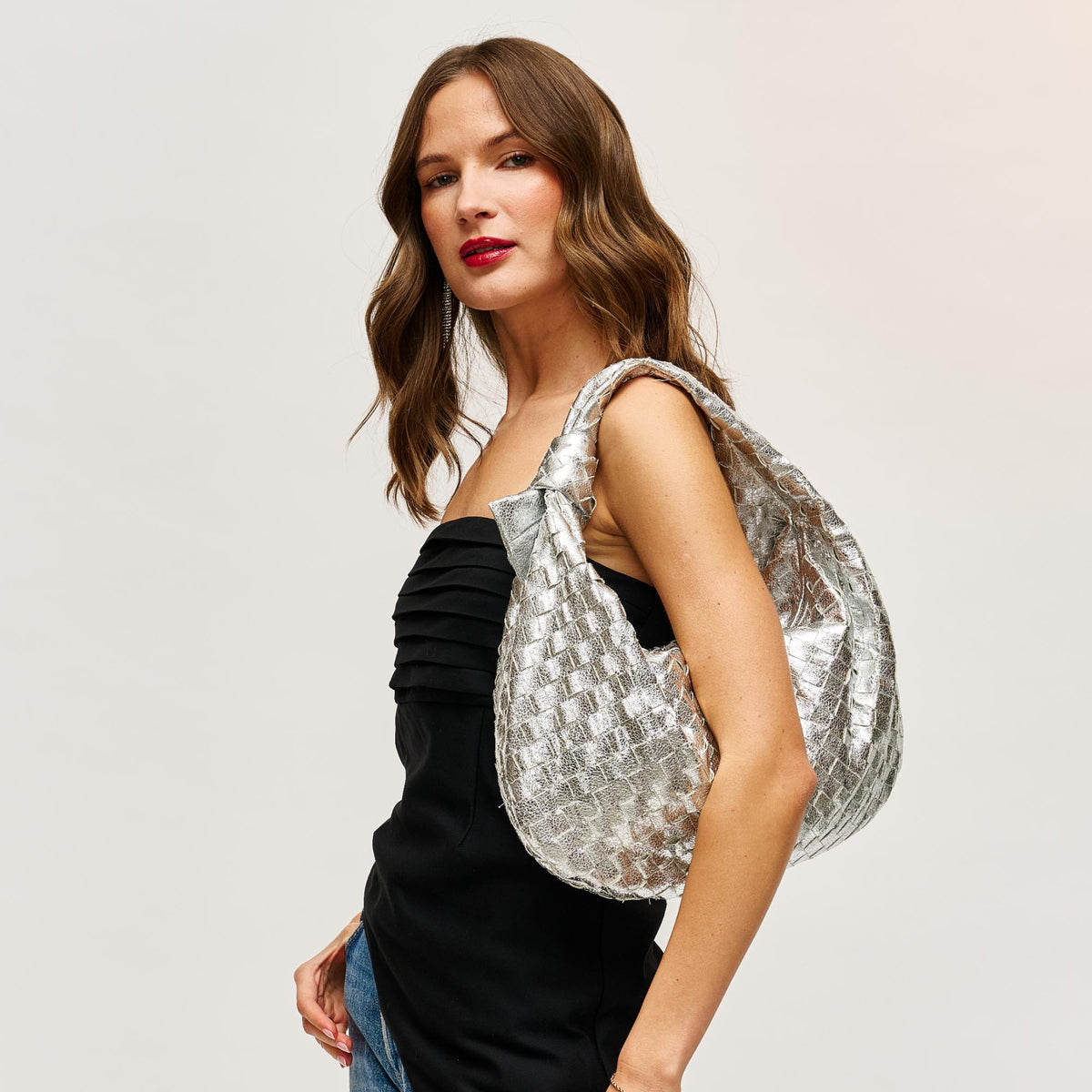 Woman wearing Silver Urban Expressions Dollie Hobo 840611128430 View 1 | Silver