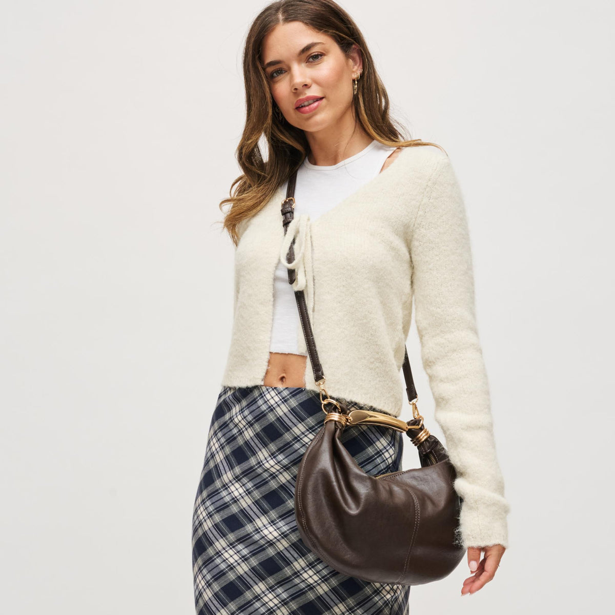 Woman wearing Espresso Urban Expressions Carrie Crossbody 840611199799 View 1 | Espresso