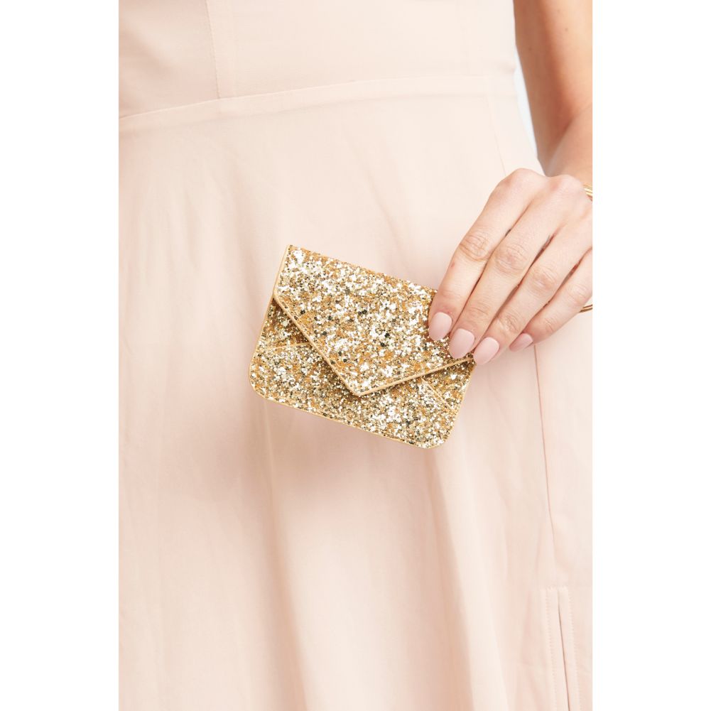 Woman wearing Gold Urban Expressions Fifi Confetti Card Holder NA-840611164872 View 1 | Gold
