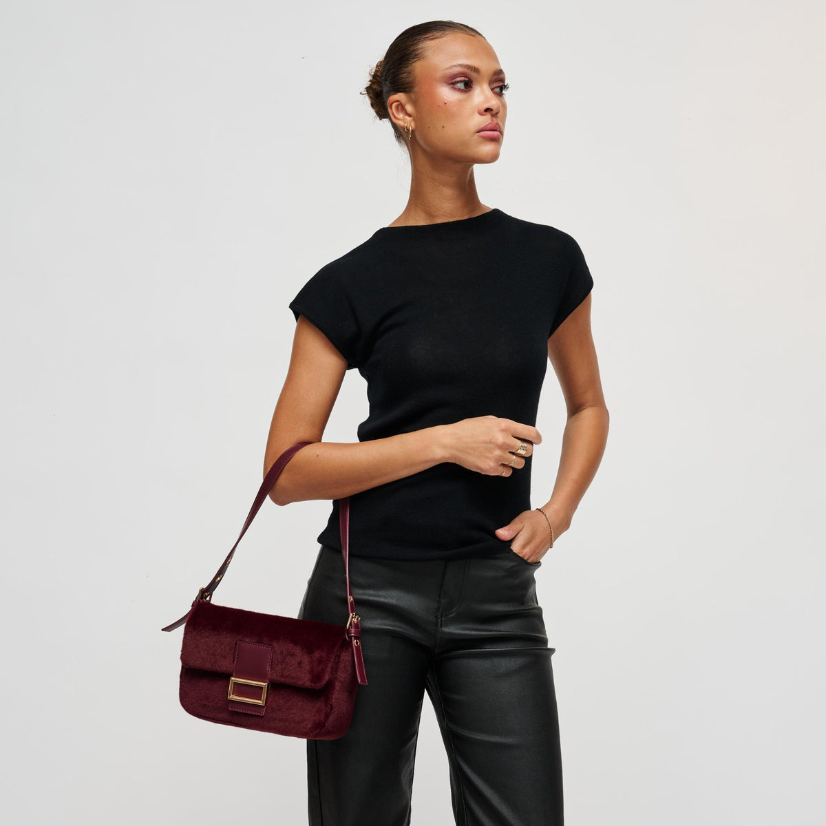 Woman wearing Burgundy Urban Expressions Beverly - Faux Fur Crossbody 840504212482 View 1 | Burgundy