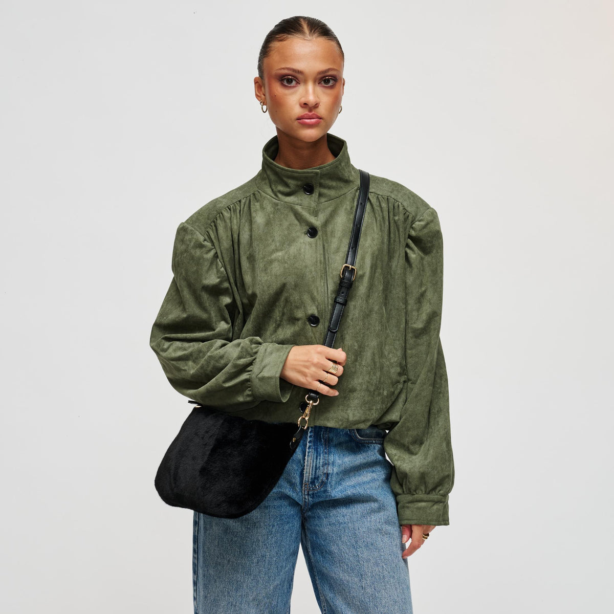 Woman wearing Black Urban Expressions Jordan - Fur Crossbody 840504211836 View 2 | Black