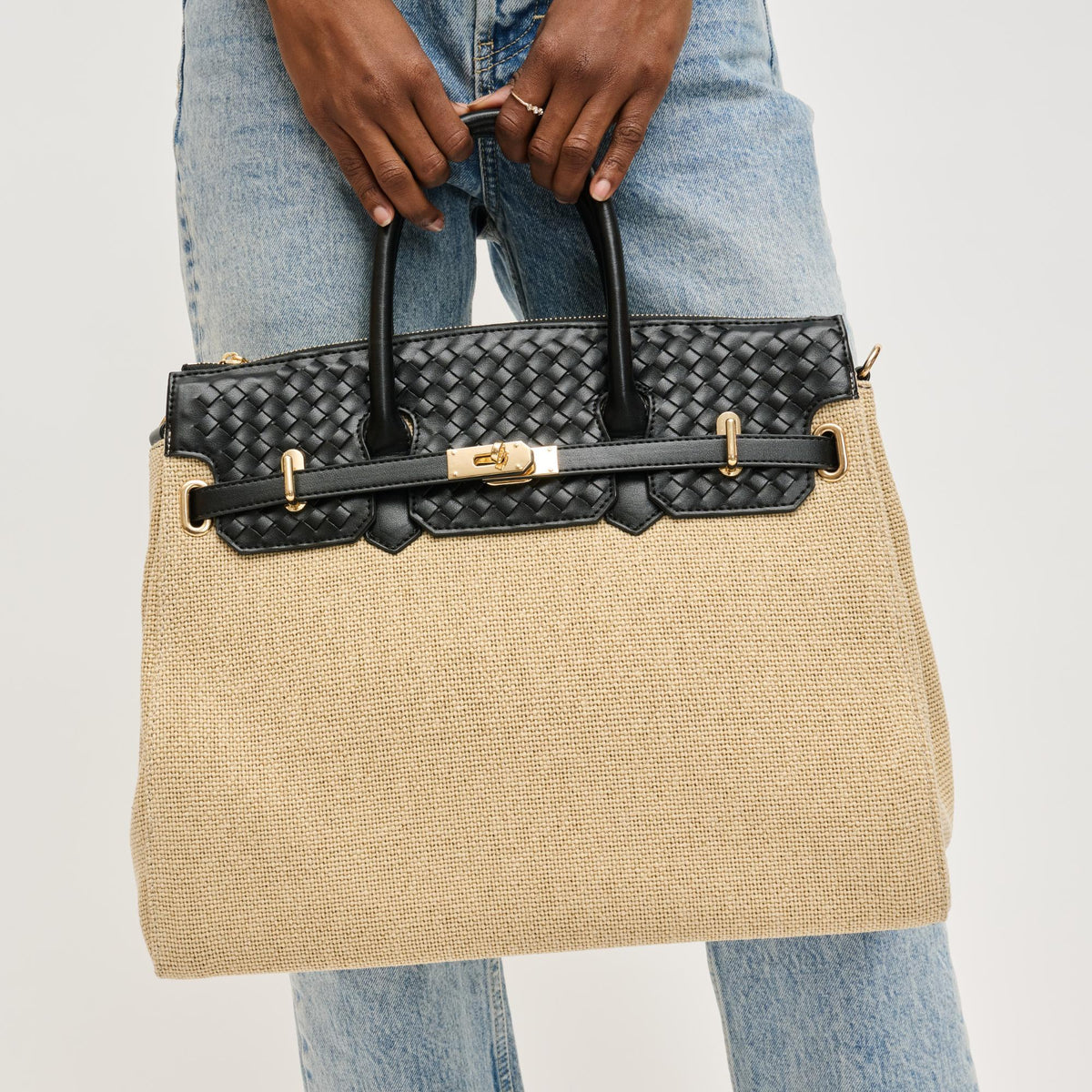 Woman wearing Natural Black Urban Expressions Bertha Satchel 840611133823 View 4 | Natural Black