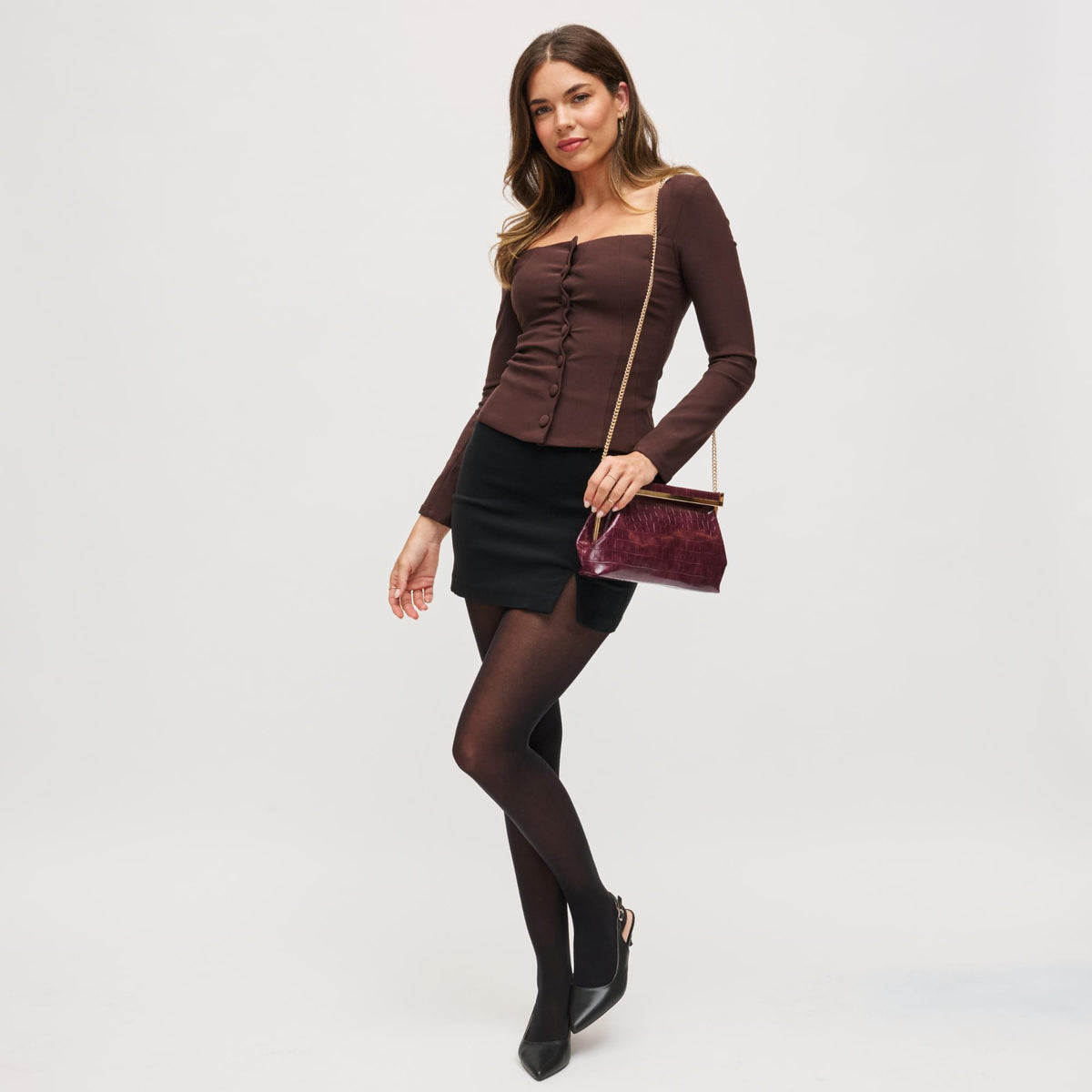 Woman wearing Wine Urban Expressions Drea Clutch 840611199935 View 4 | Wine