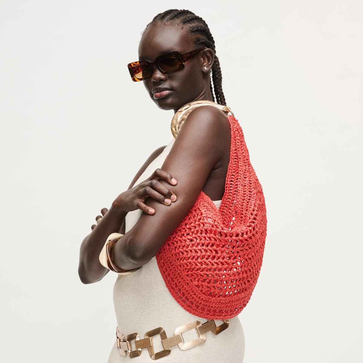 Woman wearing Red Urban Expressions Camden - Goldie Hobo 840504204524 View 2 | Red
