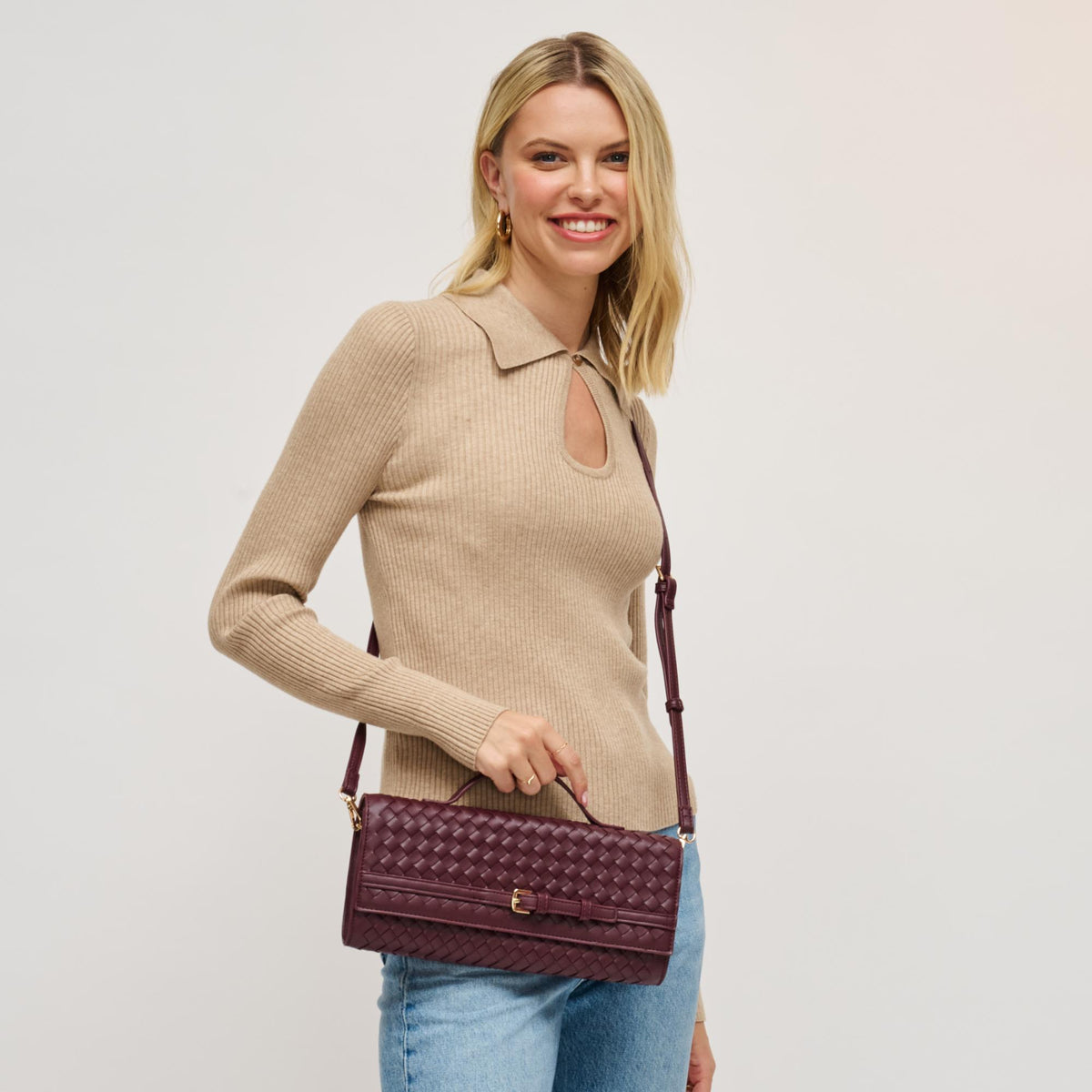Woman wearing Wine Urban Expressions Emerson Crossbody 840611198334 View 2 | Wine