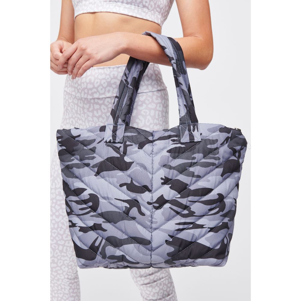 Woman wearing Black Grey Camo Urban Expressions Kickoff Tote NA-840611177797 View 1 | Black Grey Camo