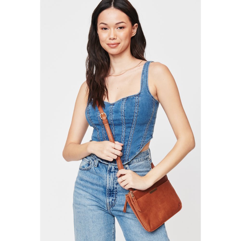 Woman wearing Tan Urban Expressions Wyatt Crossbody 840611108715 View 1 | Tan