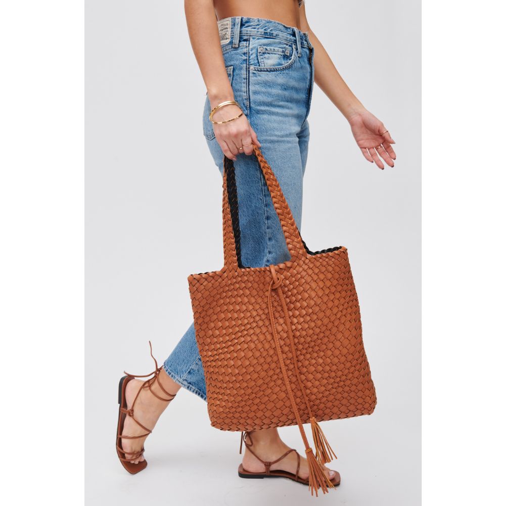 Woman wearing Tan Black Urban Expressions Wilhelmina Tote 840611106636 View 2 | Tan Black