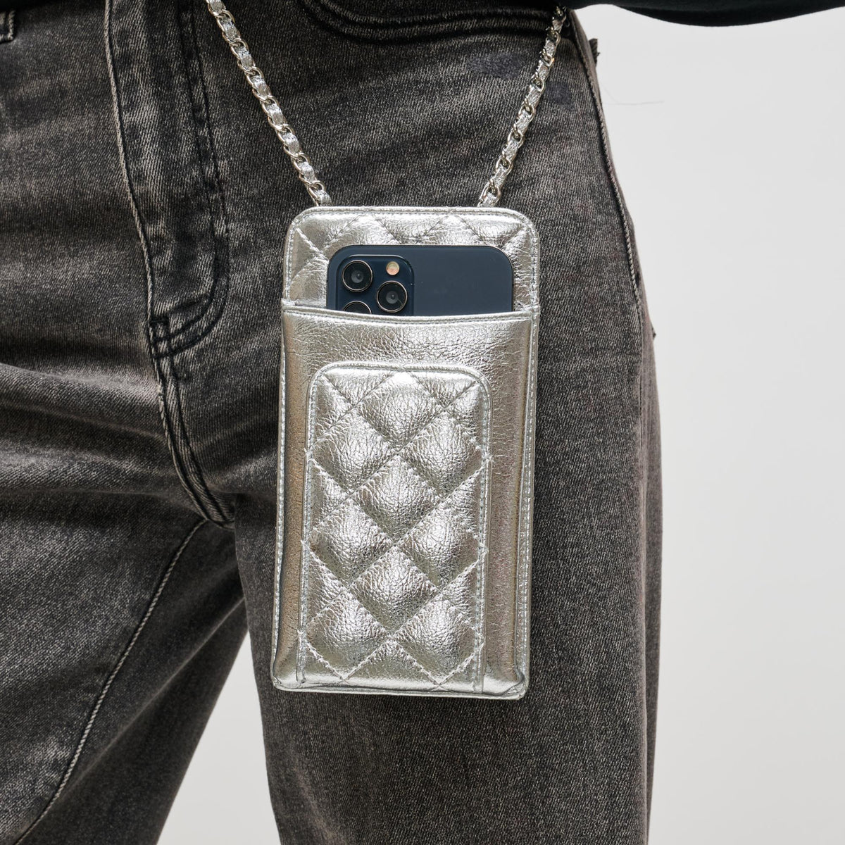 Woman wearing Silver Urban Expressions Brianna Cell Phone Crossbody 840504201370 View 4 | Silver