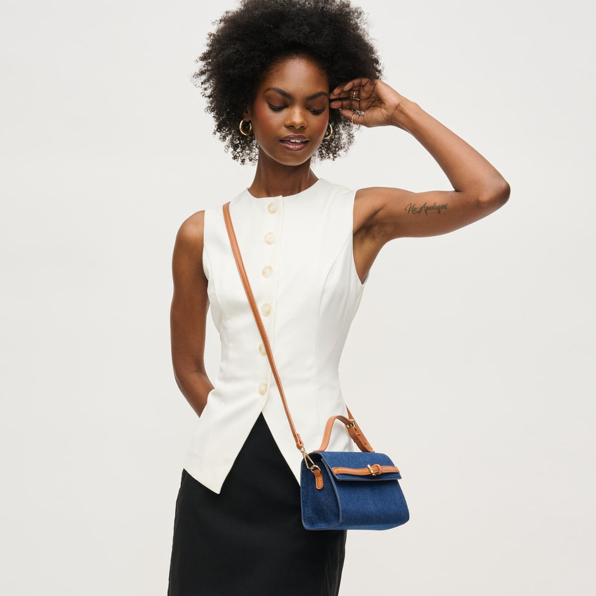 Woman wearing Denim Tan Urban Expressions Thea Crossbody 840611149312 View 3 | Denim Tan