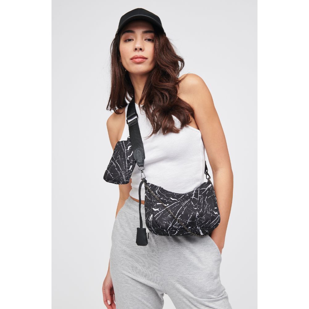 Woman wearing Black White Marble Urban Expressions Joss - Nylon Crossbody 818209010634 View 1 | Black White Marble