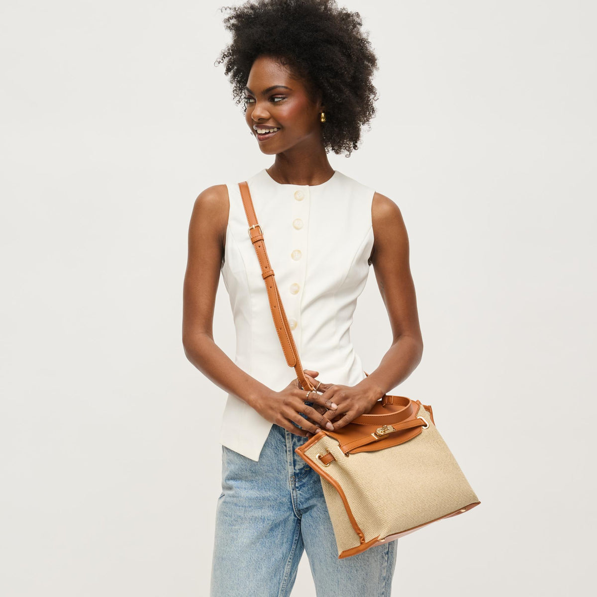 Woman wearing Natural Tan Urban Expressions Yoana Satchel 840611152800 View 3 | Natural Tan