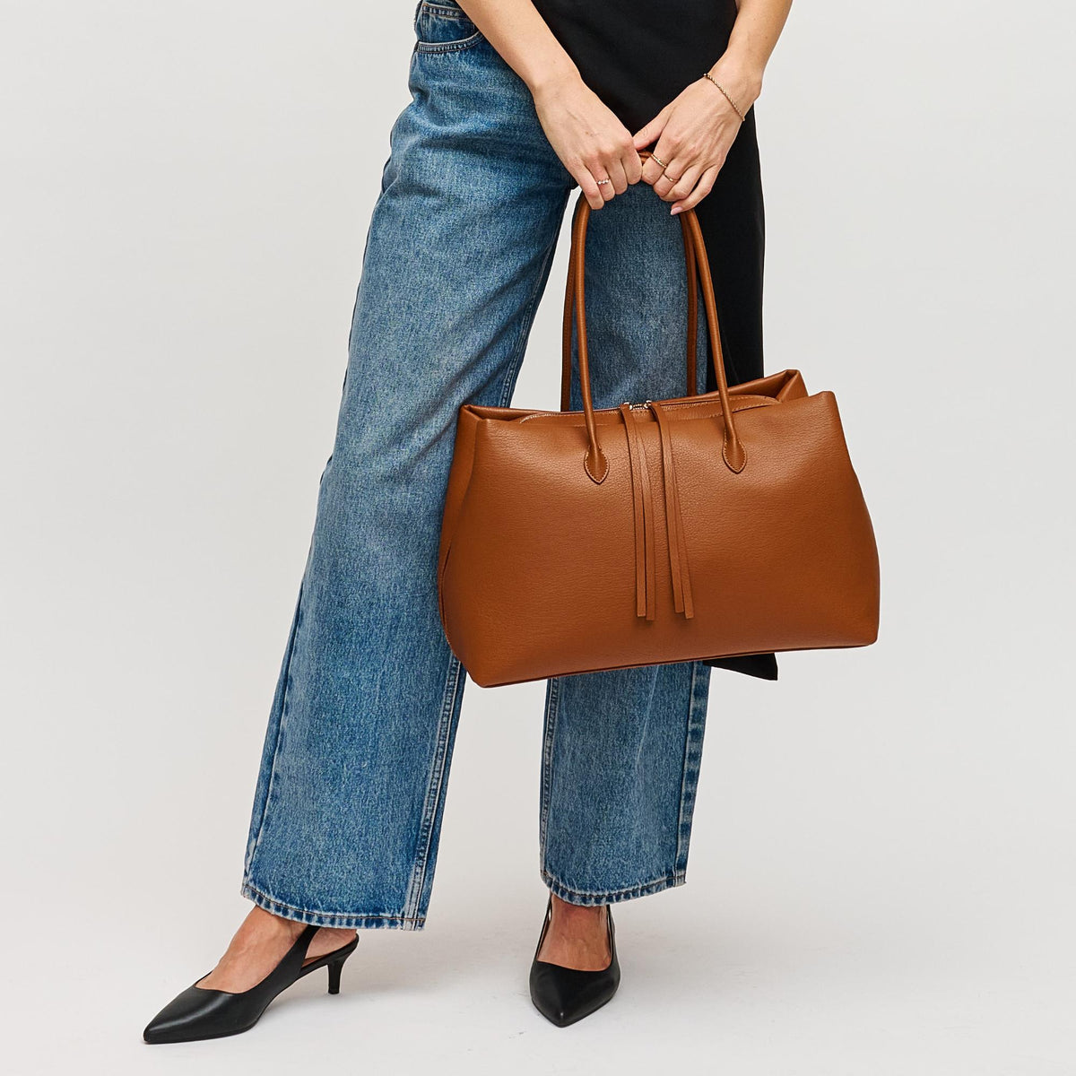 Woman wearing Tan Urban Expressions Sadie Satchel 840504205323 View 3 | Tan