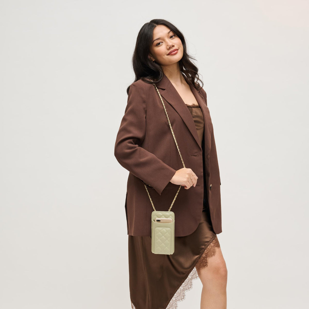 Woman wearing Sage Urban Expressions Brianna 2.0 Cell Phone Crossbody 840504203756 View 2 | Sage