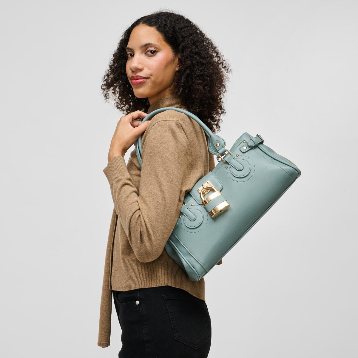 Woman wearing Dusty Blue Urban Expressions Moda Satchel 840504211676 View 3 | Dusty Blue