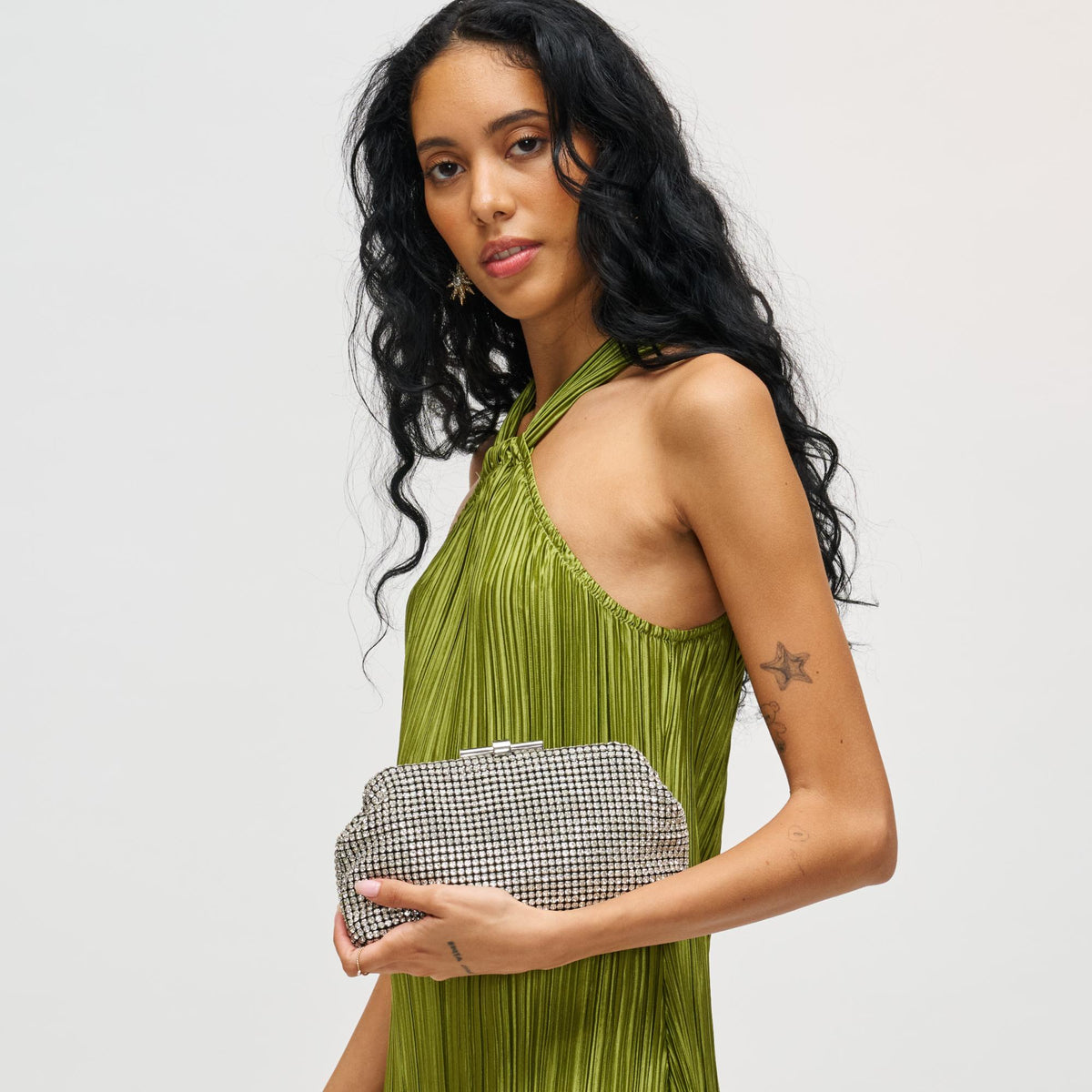 Woman wearing Silver Urban Expressions Delfina Evening Bag 840611198655 View 2 | Silver