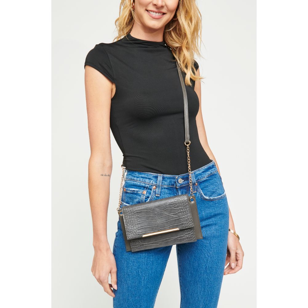 Woman wearing Gunmetal Urban Expressions Asher Croc Crossbody 840611165381 View 1 | Gunmetal