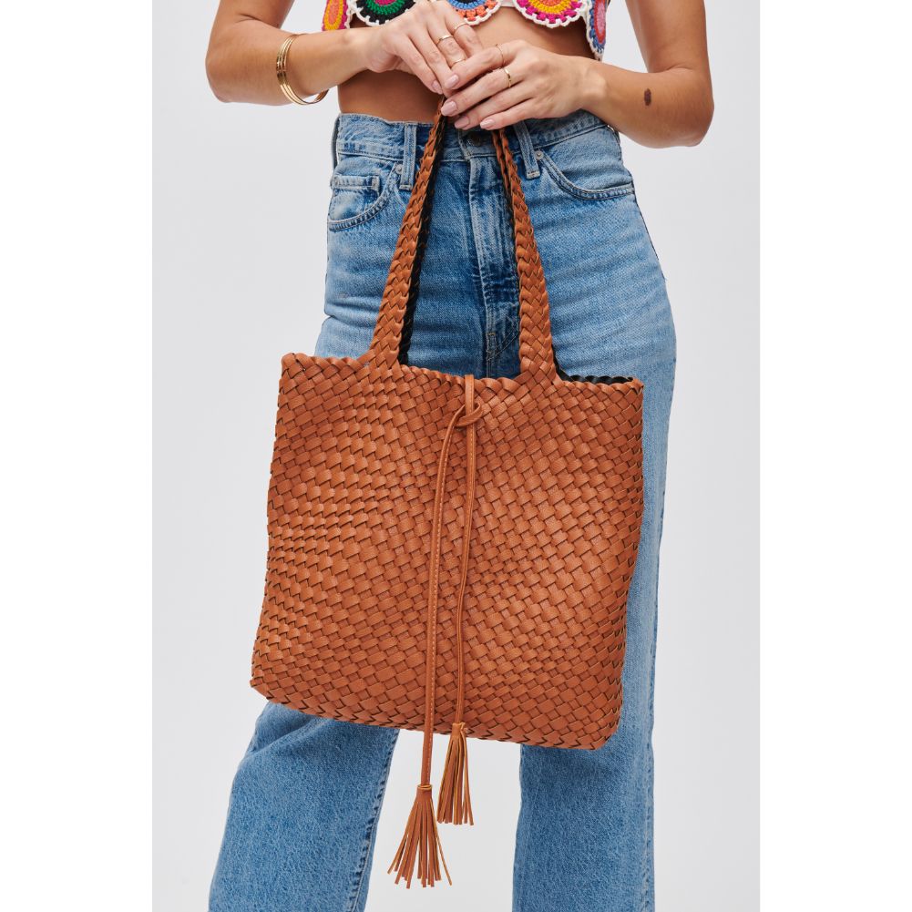Woman wearing Tan Black Urban Expressions Wilhelmina Tote 840611106636 View 4 | Tan Black
