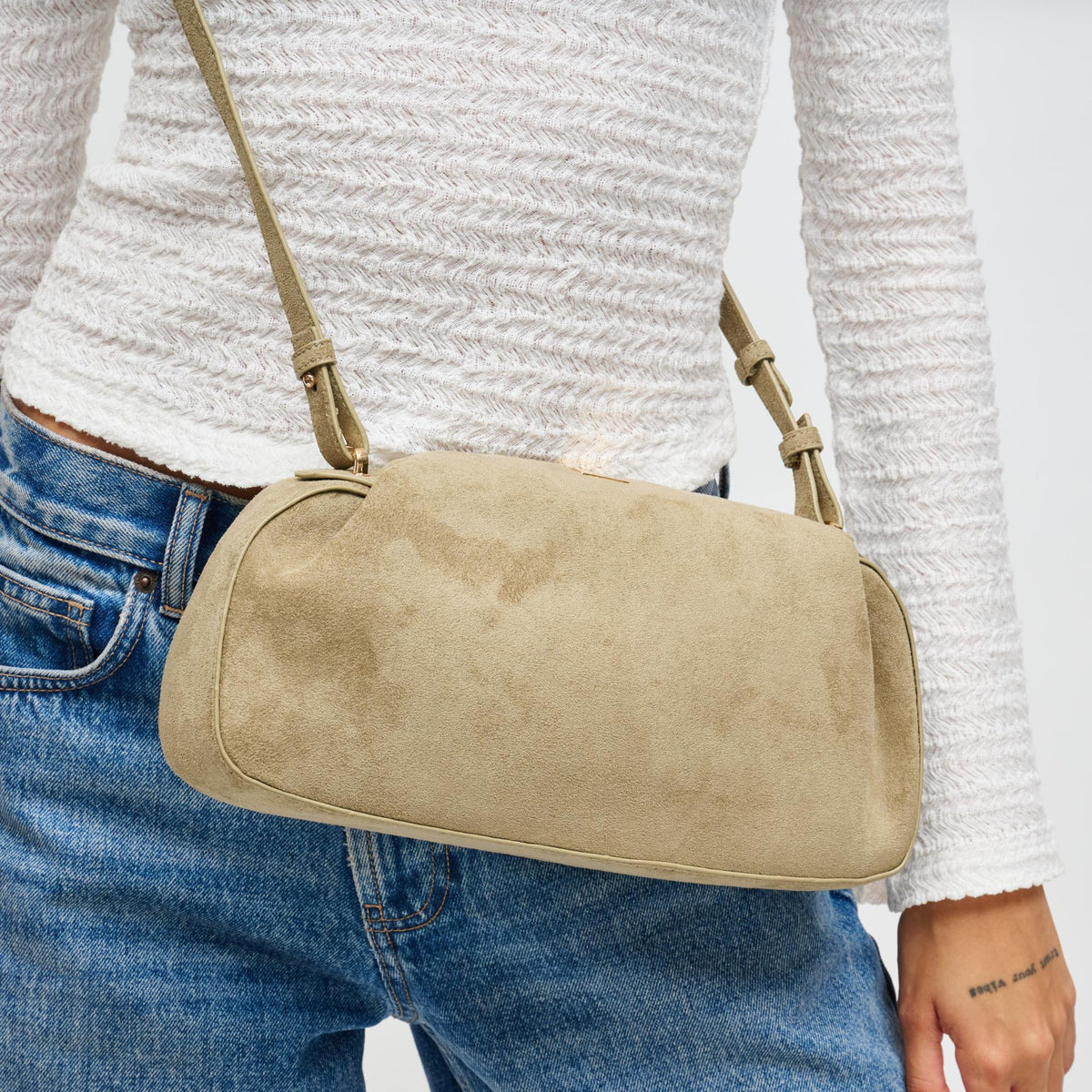 Woman wearing Sage Urban Expressions Lizzie Crossbody 840611199072 View 2 | Sage
