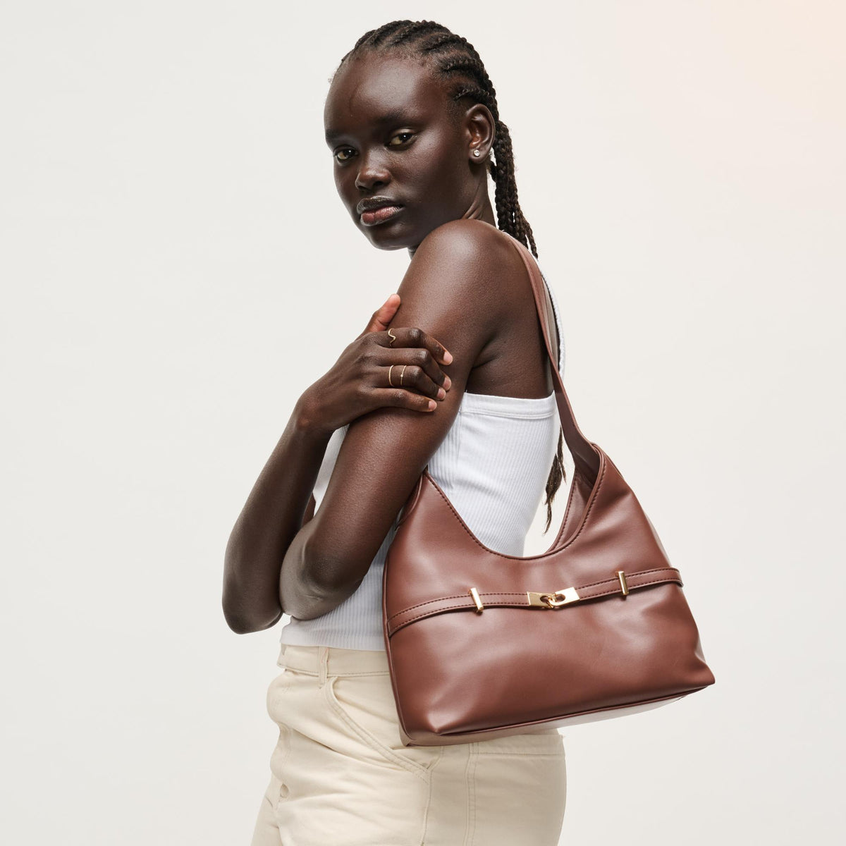 Woman wearing Chocolate Urban Expressions Camila Shoulder Bag 840504205859 View 2 | Chocolate