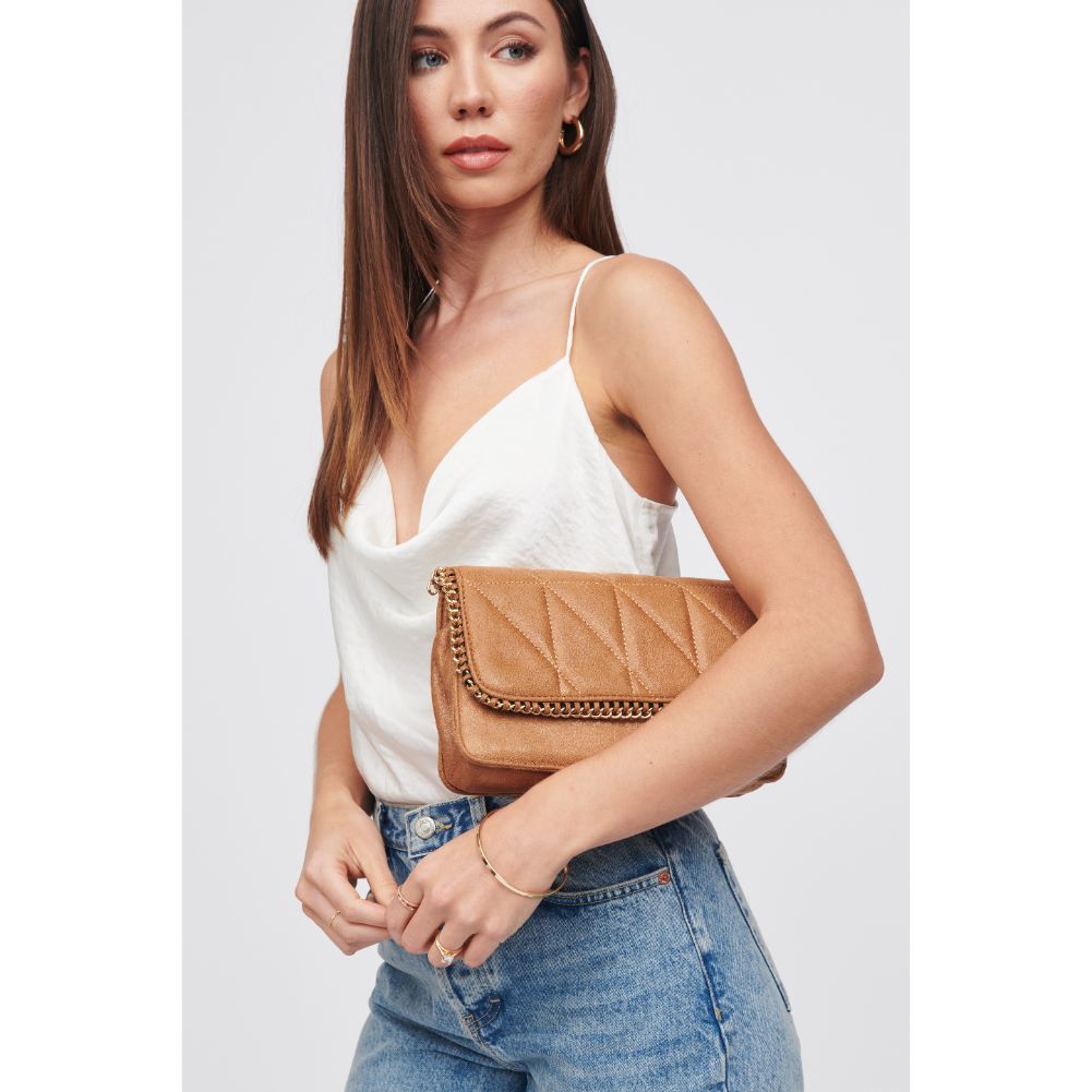 Woman wearing Tan Urban Expressions Janet Crossbody 818209017121 View 4 | Tan