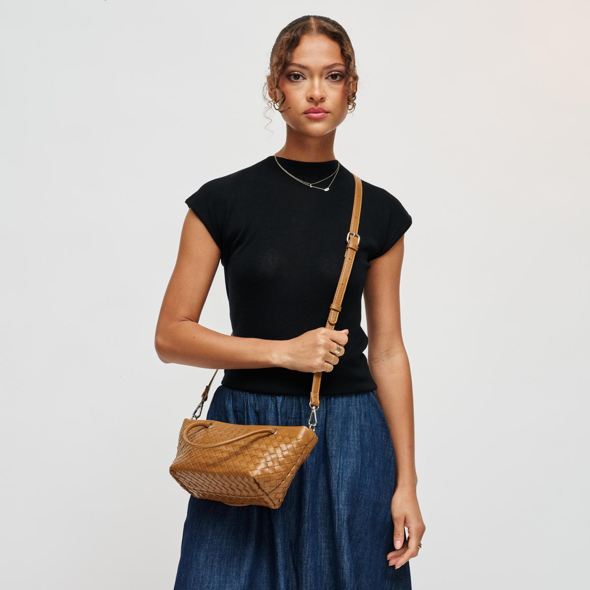 Woman wearing Cognac Urban Expressions Otto Crossbody 840504214066 View 2 | Cognac