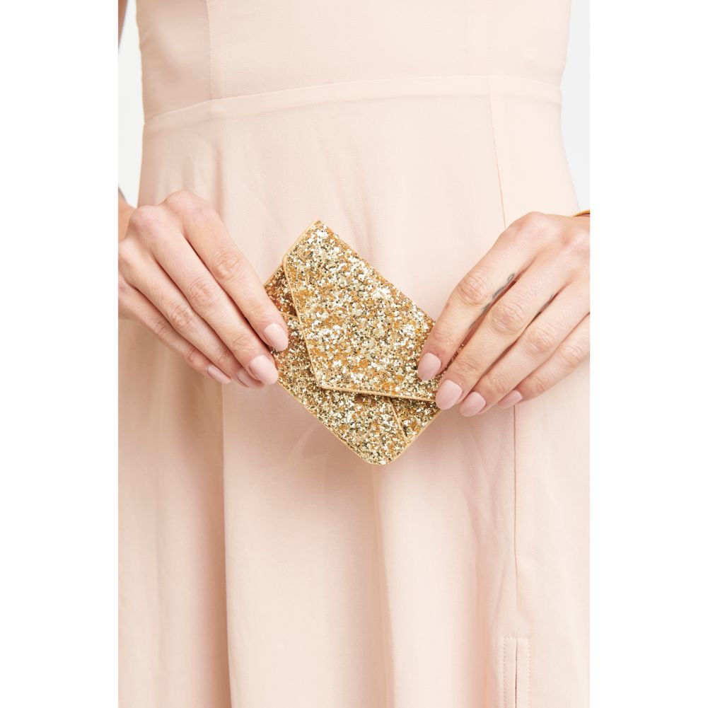 Woman wearing Gold Urban Expressions Fifi Confetti Card Holder NA-840611164872 View 3 | Gold