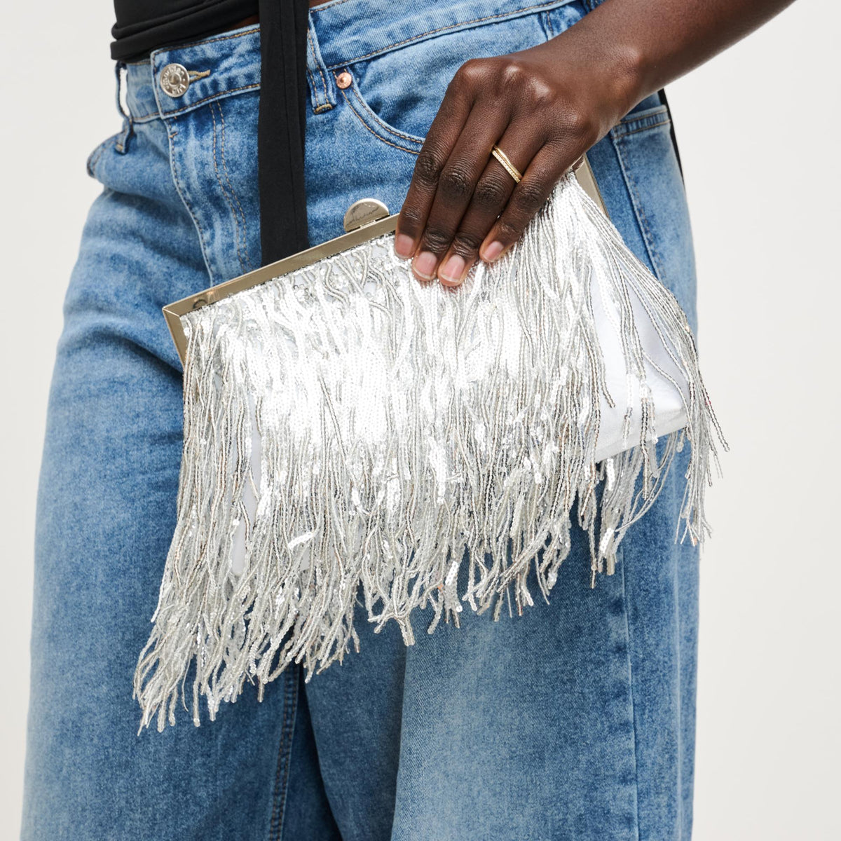Woman wearing Silver Urban Expressions Celestia Evening Bag 840504206474 View 3 | Silver
