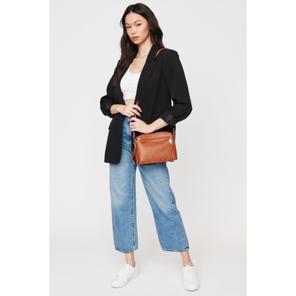 Woman wearing Tan Urban Expressions Jayce Crossbody 840611104571 View 3 | Tan