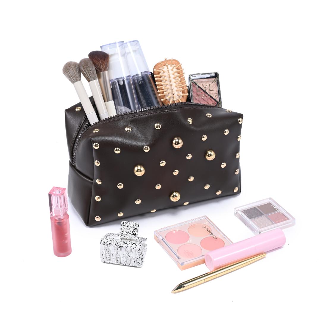 Woman wearing Espresso Urban Essentials Stud Society Cosmetic & Travel Organizer Pouch 840504210518 View 1 | Espresso