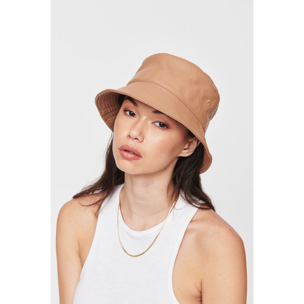 Woman wearing Latte Urban Expressions Vegan Leather Bucket Hat Bucket Hat 818209014786 View 2 | Latte