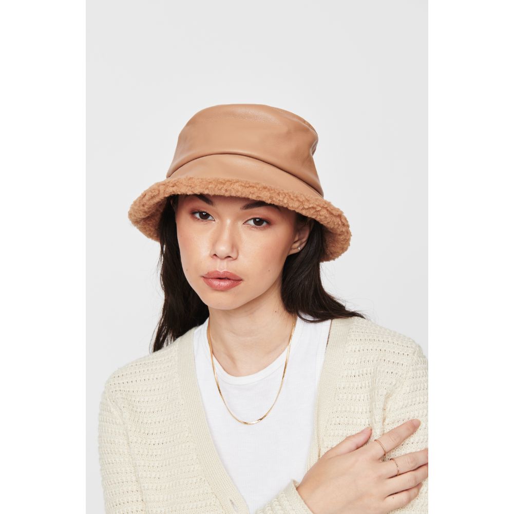 Woman wearing Latte Urban Expressions Shearling Trim Bucket Hat Bucket Hat 818209014700 View 1 | Latte
