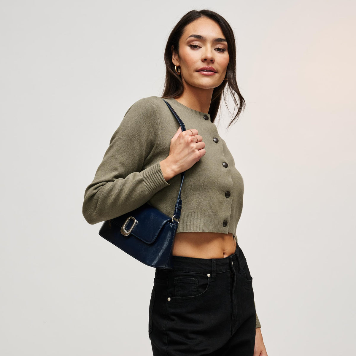 Woman wearing Midnight Urban Expressions Larek Crossbody 840504212352 View 2 | Midnight
