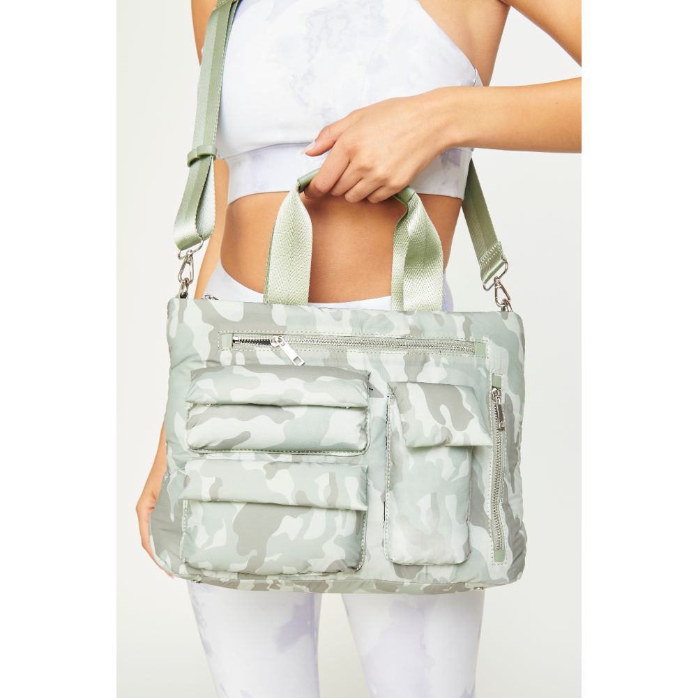 Woman wearing Sage Camo Urban Expressions Aria Messenger 840611182067 View 1 | Sage Camo