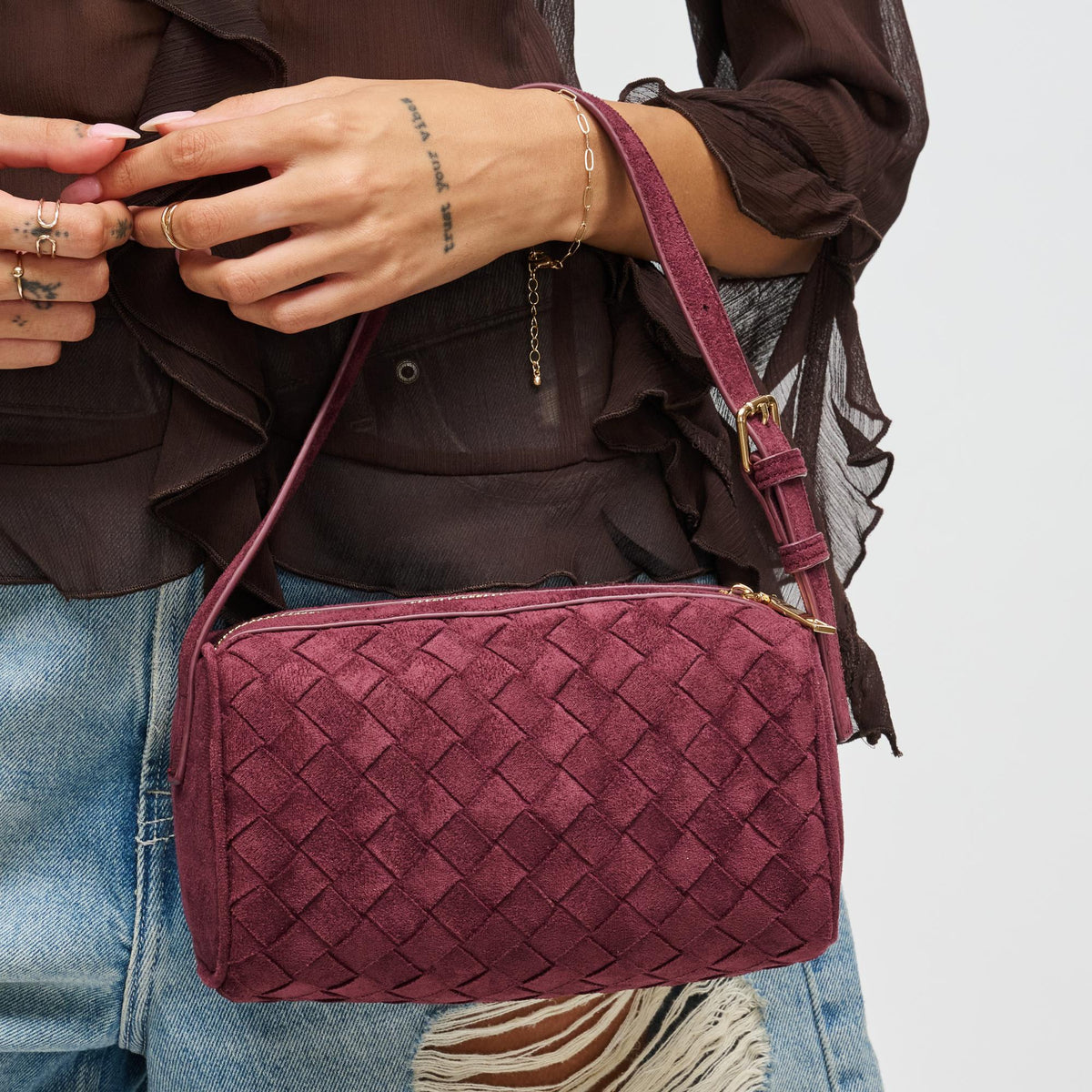 Woman wearing Wine Urban Expressions Rose Shoulder Bag 840611199386 View 1 | Wine