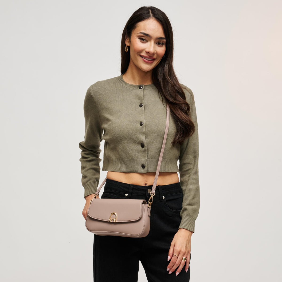 Woman wearing Taupe Urban Expressions Langdon Shoulder Bag 840504212758 View 3 | Taupe