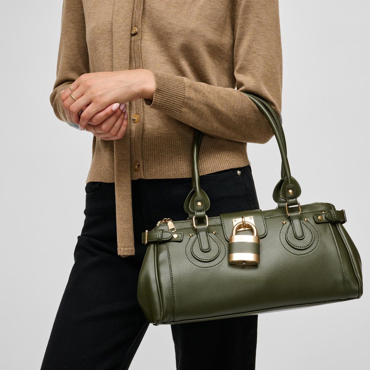 Woman wearing Olive Urban Expressions Moda Satchel 840504211683 View 2 | Olive
