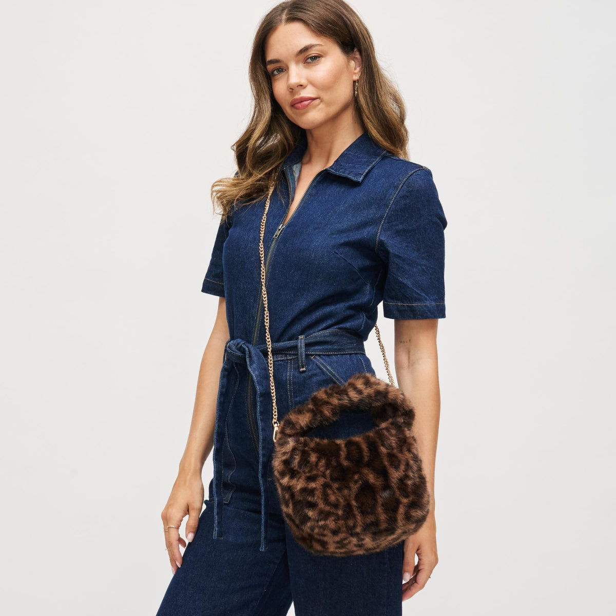 Woman wearing Leopard Urban Expressions Monica - Faux Fur Crossbody 840611199515 View 2 | Leopard