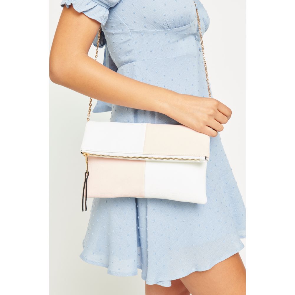Woman wearing White Pink Urban Expressions Soraya Clutch NA-840611146786 View 4 | White Pink