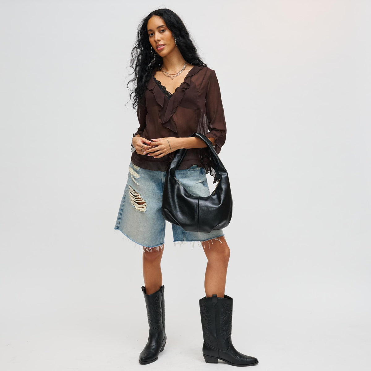 Woman wearing Black Urban Expressions Sara Hobo 840611199225 View 2 | Black