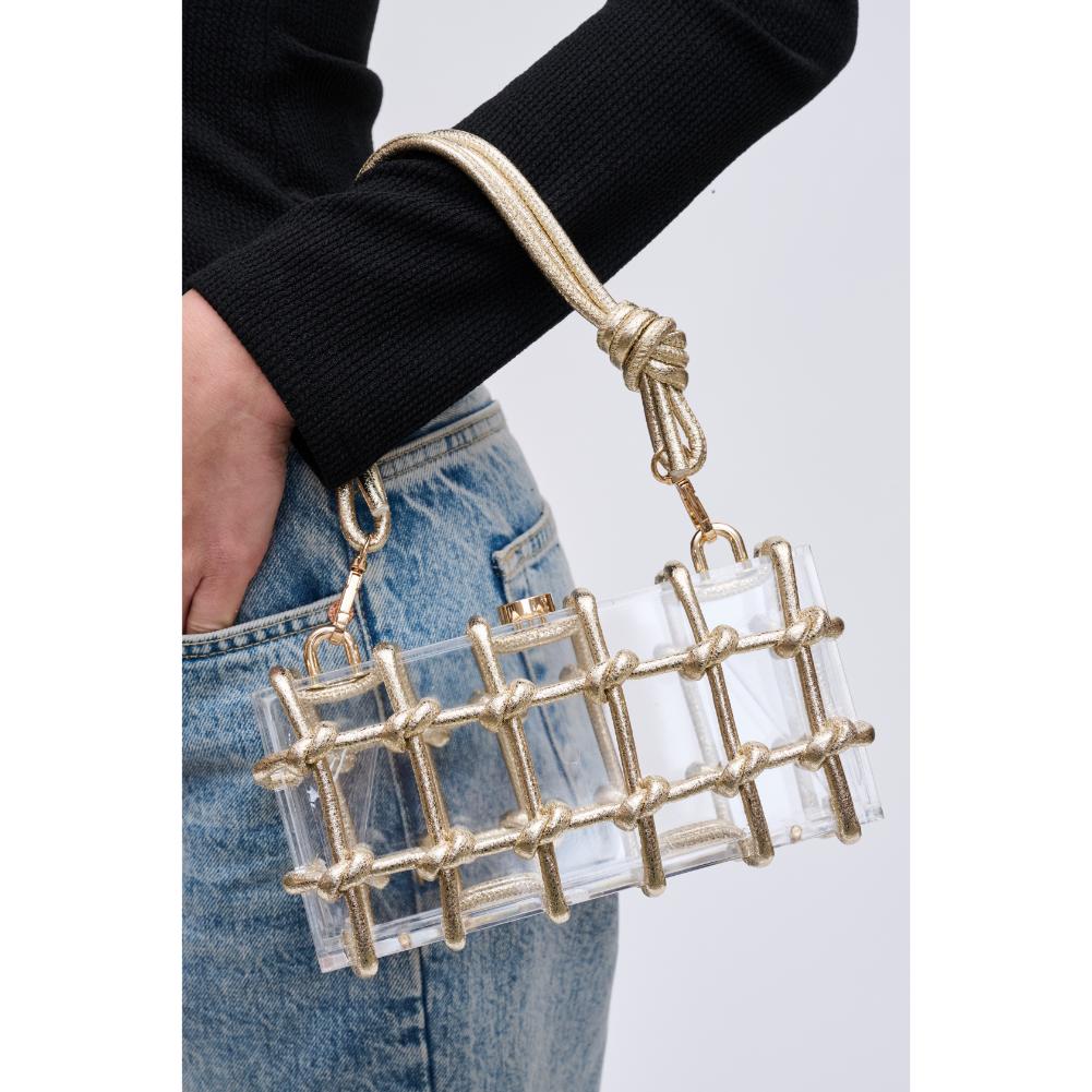 Woman wearing Gold Urban Expressions Mavis Evening Bag 840611191694 View 1 | Gold