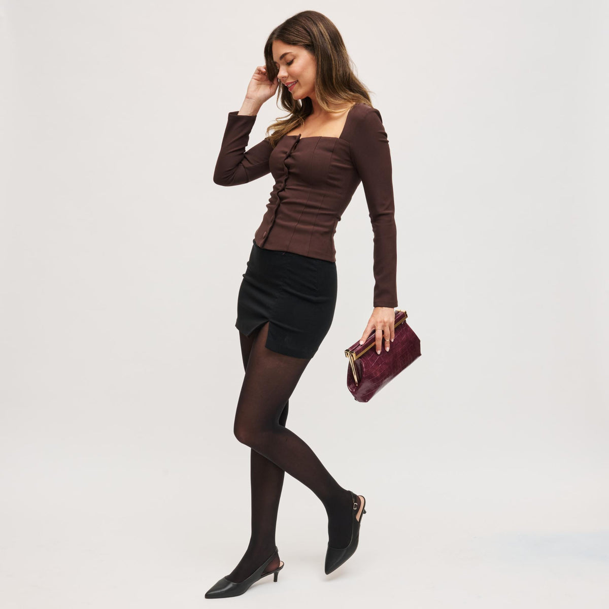 Woman wearing Wine Urban Expressions Drea Clutch 840611199935 View 3 | Wine