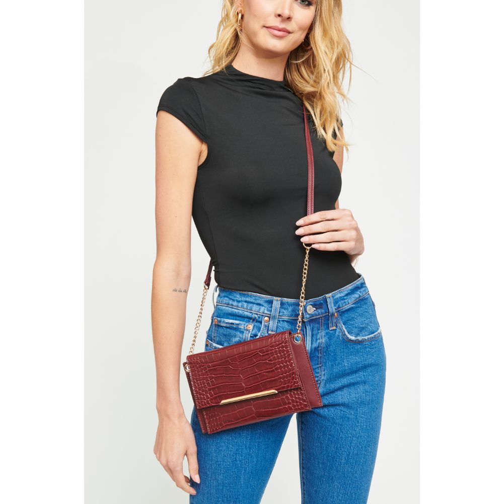 Woman wearing Burgundy Urban Expressions Asher Croc Crossbody 840611165398 View 3 | Burgundy