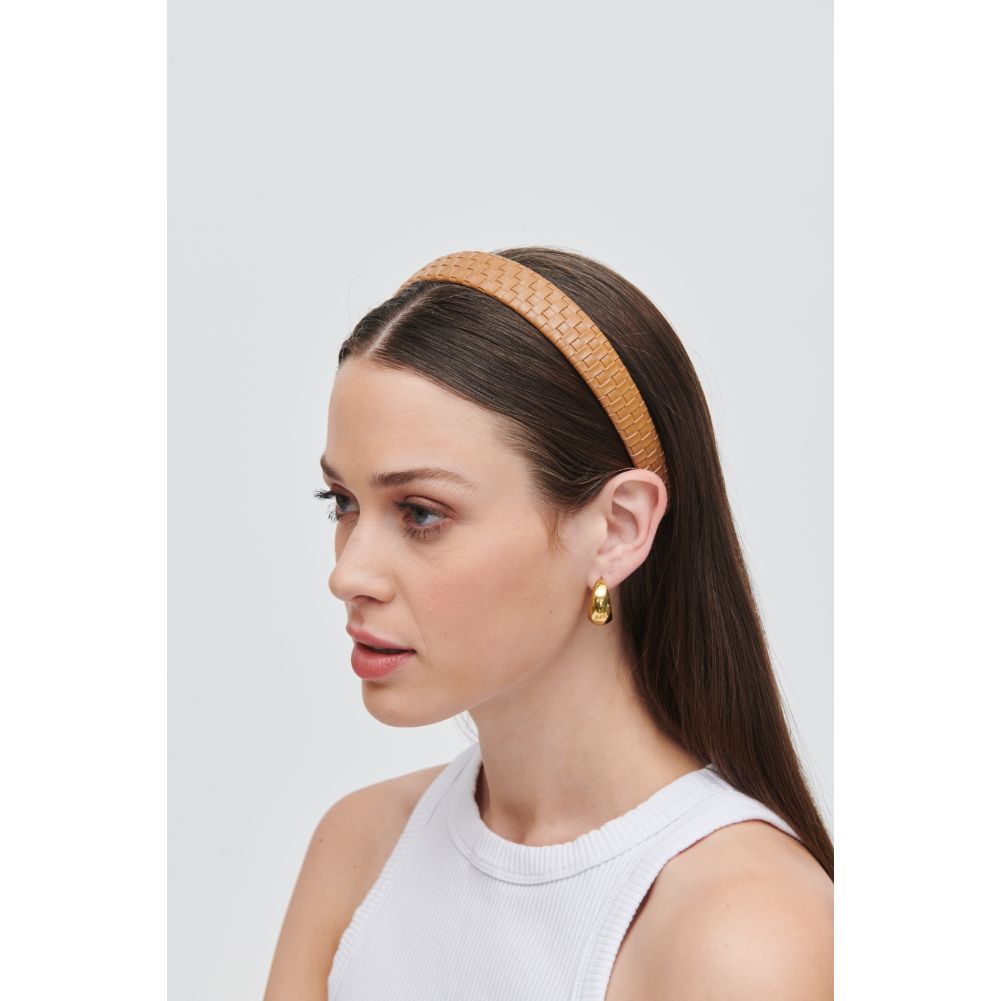 Woman wearing Tan Urban Expressions Embossed Woven Vegan Leather Headband Headband 818209014250 View 1 | Tan