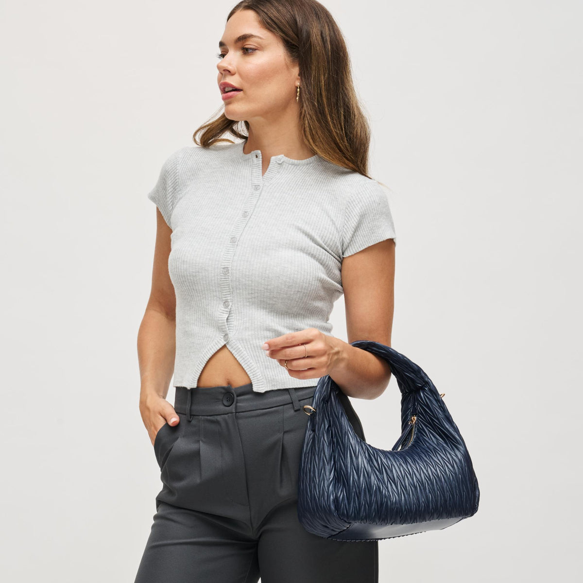 Woman wearing Midnight Urban Expressions Amara Crossbody 840611198846 View 2 | Midnight