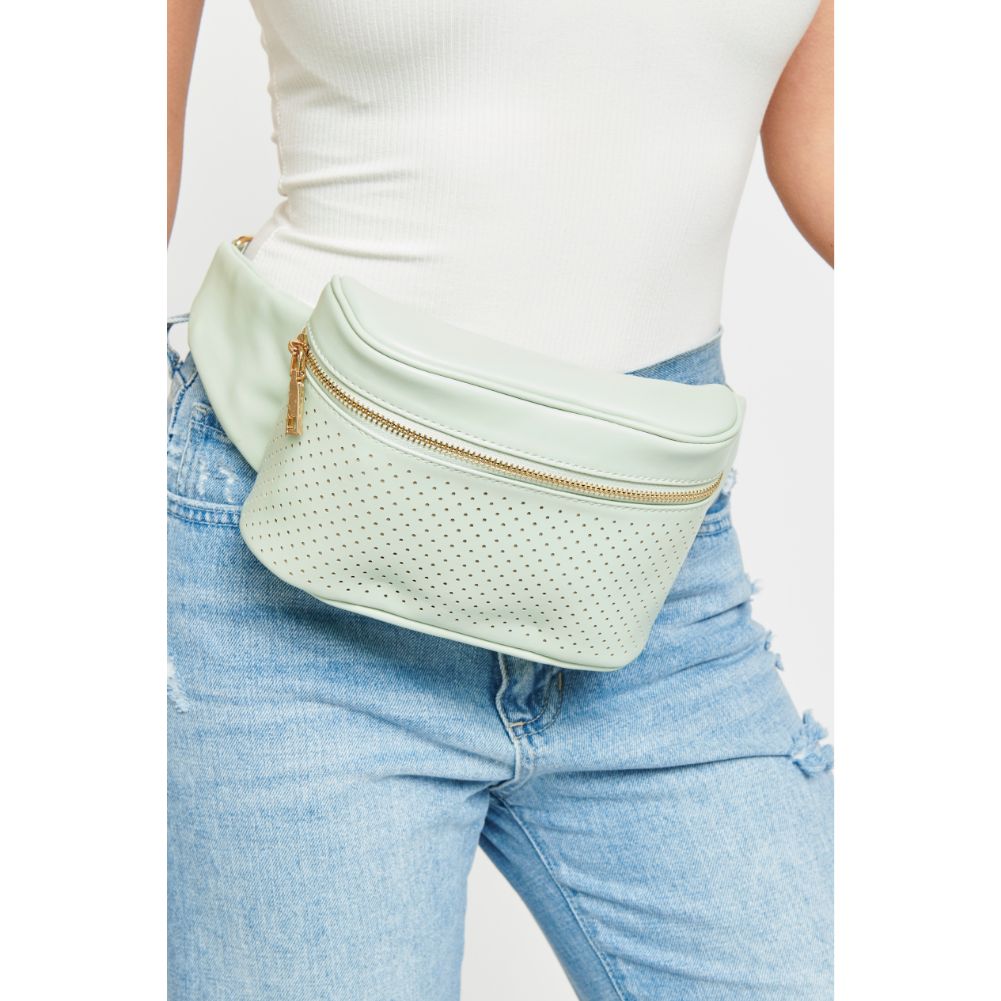Woman wearing Mint Urban Expressions Hawthorn - Perforated Belt Bag NA-840611158635 View 3 | Mint
