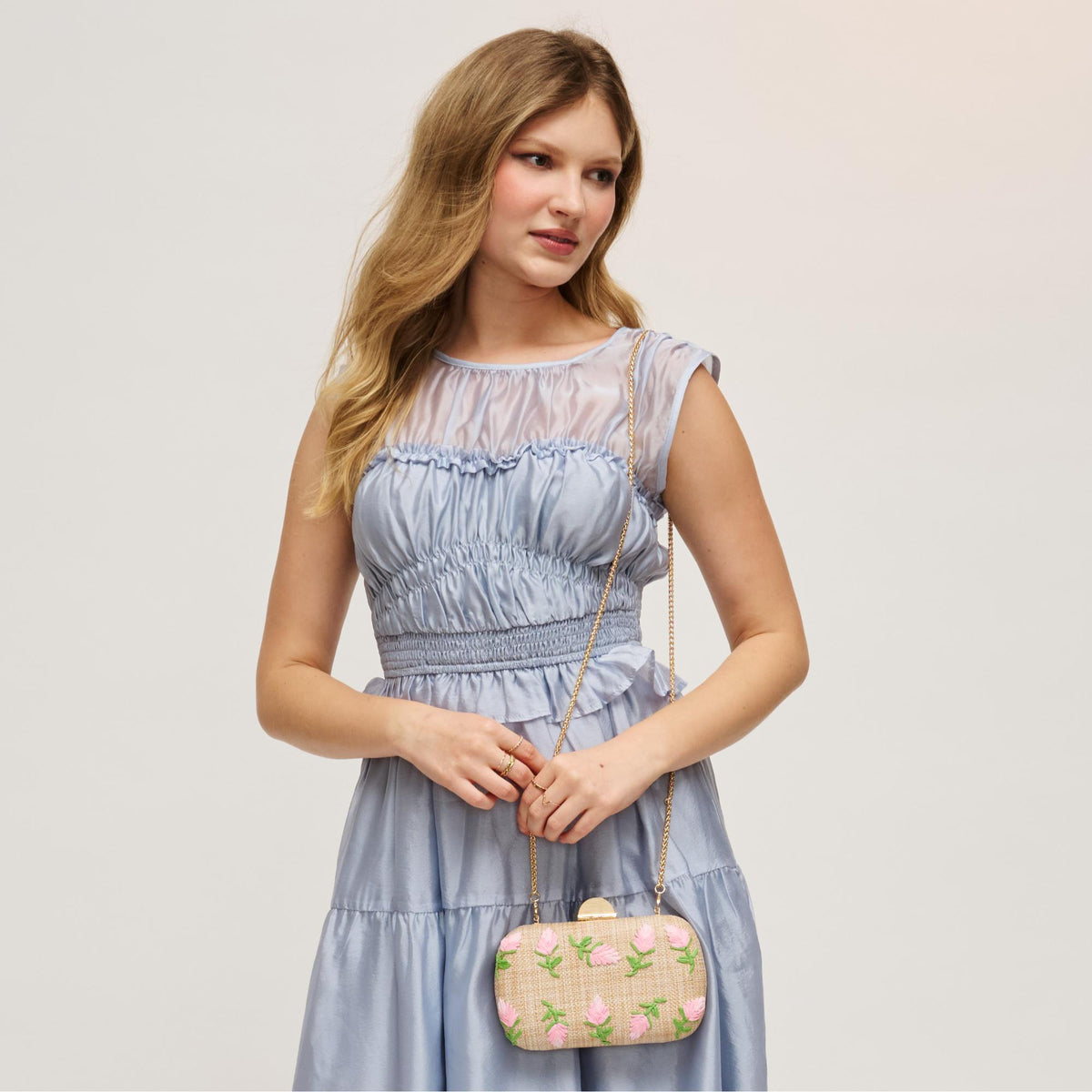 Woman wearing Pink Natural Urban Expressions Kayden Evening Bag 840504204647 View 3 | Pink Natural
