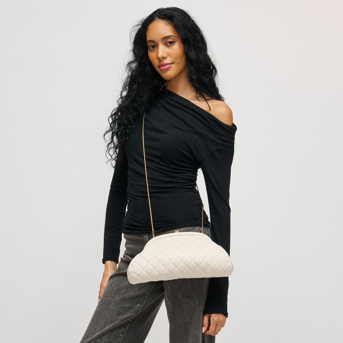 Woman wearing Oatmilk Urban Expressions Ava - Quilted Clutch 840504200670 View 3 | Oatmilk