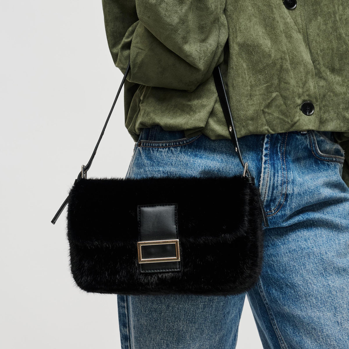 Woman wearing Black Urban Expressions Beverly - Faux Fur Crossbody 840504212475 View 1 | Black