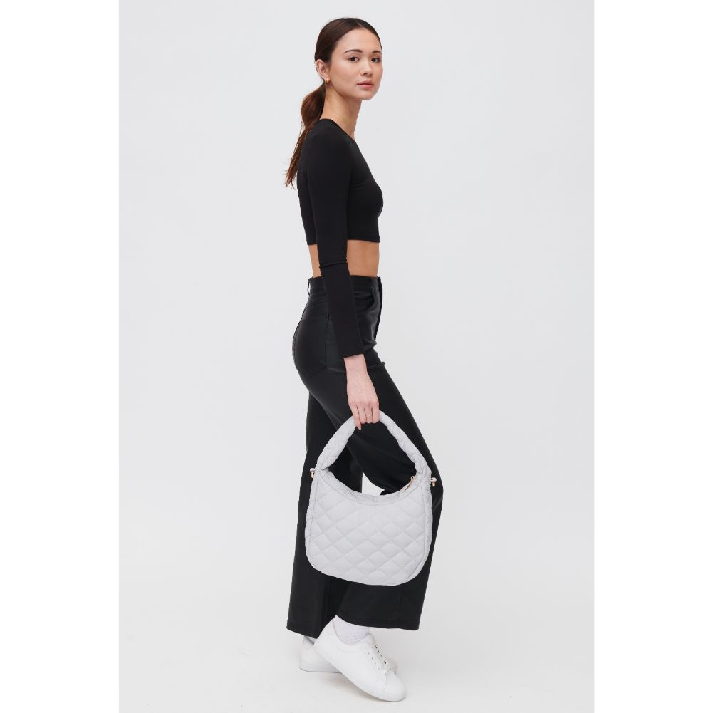 Woman wearing Dove Grey Urban Expressions Sonoma - Quilted Nylon Hobo 840611118486 View 2 | Dove Grey